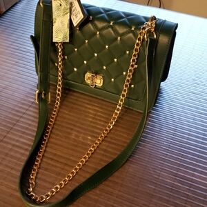 Bagley Mischka Green Quilted Crossbody Bag with Gold Chain